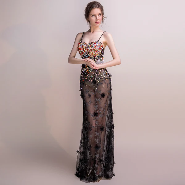 Sexy Black Floor-Length / Long Evening Dresses 2018 Trumpet / Mermaid Tulle Beading Backless Appliques Rhinestone Evening Party Formal Dresses