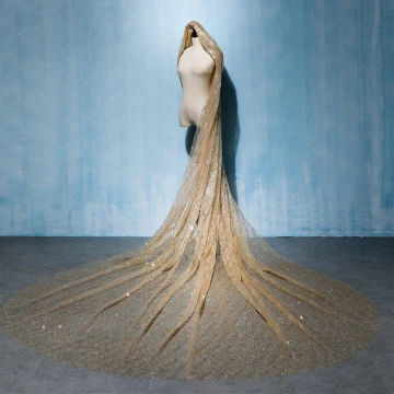 Luxe Champagne Cathedral Train Mariage Tulle Perlage Paillettes Voile De Mariée 2018