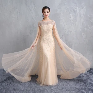 Luksus Champagne Lange Selskapskjoler 2018 Trompet Havfrue Med Kappe Tyll U Hals Håndlaget Beading Rhinestone Krystall Aften Formelle Kjoler