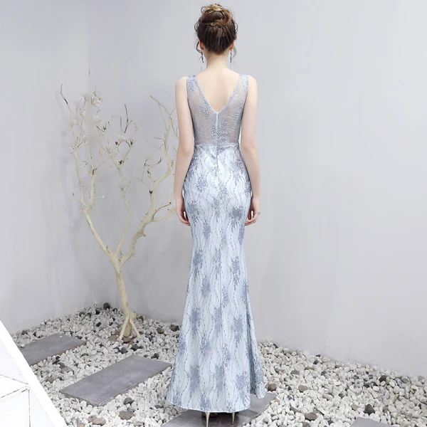 Charmant Sexy Argenté Fendue devant Robe De Soirée 2020 Trompette / Sirène V-Cou Longue Appliques Dos Nu Perlage Brodé Faux Diamant Cocktail Soirée Robe De Ceremonie
