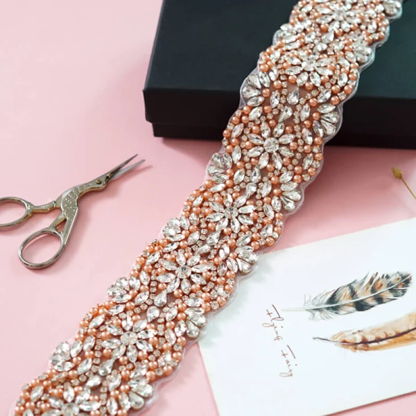 Luxury / Gorgeous Champagne Prom Sash 2020 Satin Metal Handmade  Beading Crystal Pearl Rhinestone Evening Party Accessories