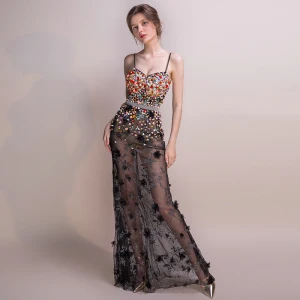 Sexy Svart Lange Selskapskjoler 2018 Trompet Havfrue Tyll Beading Ryggløse Appliques Rhinestone Aften Formelle Kjoler