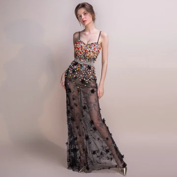 Sexy Black Floor Length Long Evening Dresses 2018 Trumpet Mermaid Tulle Beading Backless Appliques Rhinestone Evening Party Formal Dresses