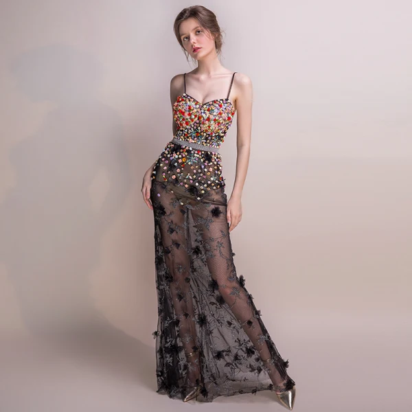 Sexy Black Floor-Length / Long Evening Dresses 2018 Trumpet / Mermaid Tulle Beading Backless Appliques Rhinestone Evening Party Formal Dresses