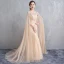 Luxe Champagne Longue Robe De Soirée 2018 Trompette / Sirène Avec Cape Tulle U-Cou Fait main Perlage Faux Diamant Cristal Soirée Robe De Ceremonie