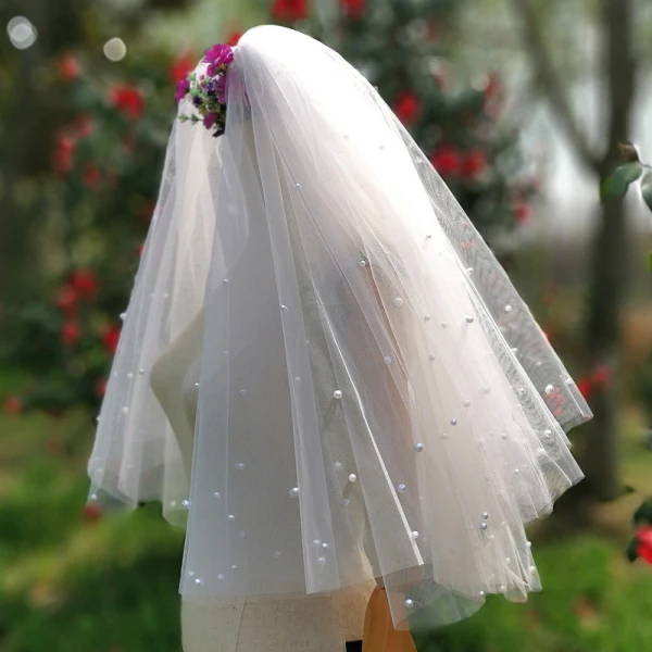 Élégant Romantique Blanche Courte Voile De Mariée 2020 Tulle Perlage Perle Mariage Accessorize