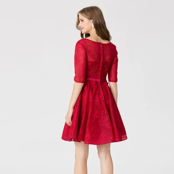 Classic Elegant Red Short Graduation Dresses 2020 A-Line / Princess U-Neck 1/2 Sleeves Appliques Beading Embroidered Homecoming Formal Dresses