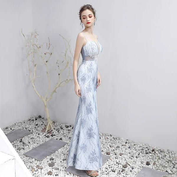 Charmant Sexy Argenté Fendue devant Robe De Soirée 2020 Trompette / Sirène V-Cou Longue Appliques Dos Nu Perlage Brodé Faux Diamant Cocktail Soirée Robe De Ceremonie