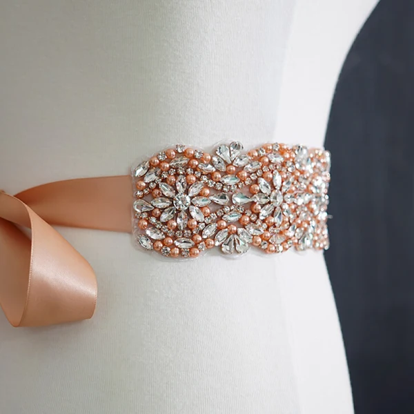 Luxury / Gorgeous Champagne Prom Sash 2020 Satin Metal Handmade  Beading Crystal Pearl Rhinestone Evening Party Accessories
