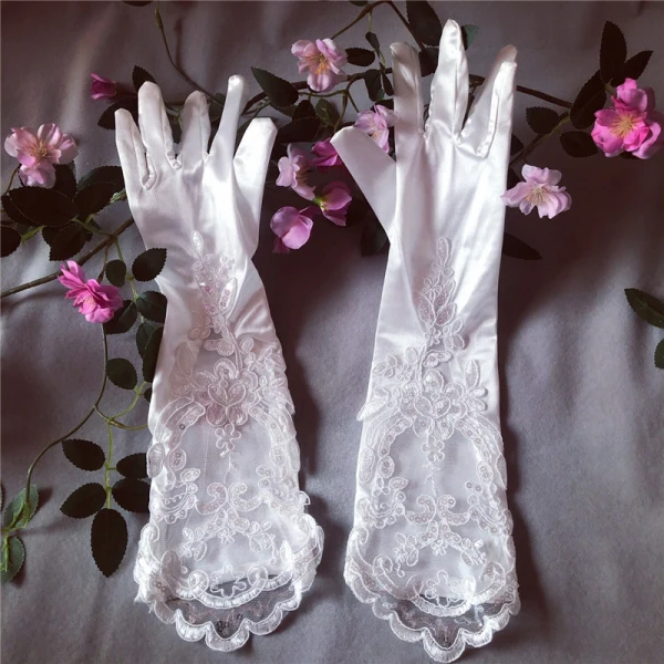 Amazing / Unique White Bridal Gloves 2020 Appliques Sequins Lace Tulle Bridal Prom Wedding Accessories