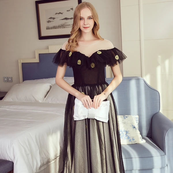 Chic / Beautiful Black Evening Dresses 2017 A-Line / Princess U-Neck Tulle Appliques Backless Evening Party Formal Dresses
