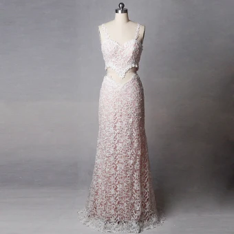 2 Piece Amazing Unique Blushing Pink Court Train Wedding 2018 V Neck Lace Lace Up Backless Beading Pearl Sheath Fit Wedding Dresses