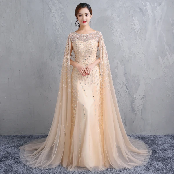 Luxe Champagne Longue Robe De Soirée 2018 Trompette / Sirène Avec Cape Tulle U-Cou Fait main Perlage Faux Diamant Cristal Soirée Robe De Ceremonie