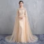 Luxe Champagne Longue Robe De Soirée 2018 Trompette / Sirène Avec Cape Tulle U-Cou Fait main Perlage Faux Diamant Cristal Soirée Robe De Ceremonie
