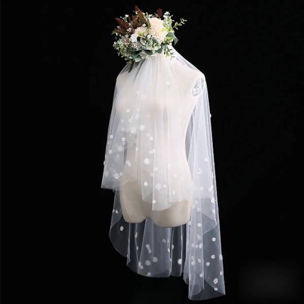 Romantique Charmant Ivoire Courte Voile De Mariée Fleur En Dentelle Chiffon Mariage Accessorize 2019