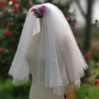 Elegant Romantic White Short Wedding Veils 2020 Tulle Beading Pearl Wedding Accessories