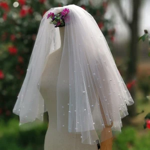 Elegantes Romántico Blanco Cortos Velo De Novia 2020 Tul Rebordear Perla Boda Accesorios