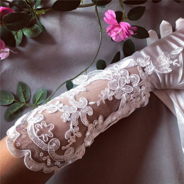 Amazing / Unique White Bridal Gloves 2020 Appliques Sequins Lace Tulle Bridal Prom Wedding Accessories