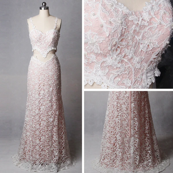 2 Piece Amazing / Unique Blushing Pink Court Train Wedding 2018 V-Neck Lace Lace-up Backless Beading Pearl Sheath / Fit Wedding Dresses