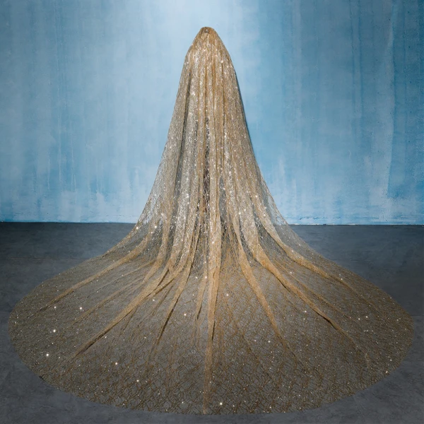 Luxe Champagne Cathedral Train Mariage Tulle Perlage Paillettes Voile De Mariée 2018