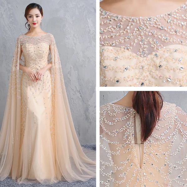 Luxe Champagne Longue Robe De Soirée 2018 Trompette / Sirène Avec Cape Tulle U-Cou Fait main Perlage Faux Diamant Cristal Soirée Robe De Ceremonie