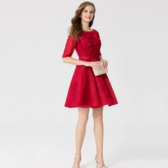 Klassisk Eleganta Röd Korta Studentklänningar 2020 Prinsessa U Hals 1 2 Ärm Appliqués Beading Broderade Hemkomst Formella Klänningar