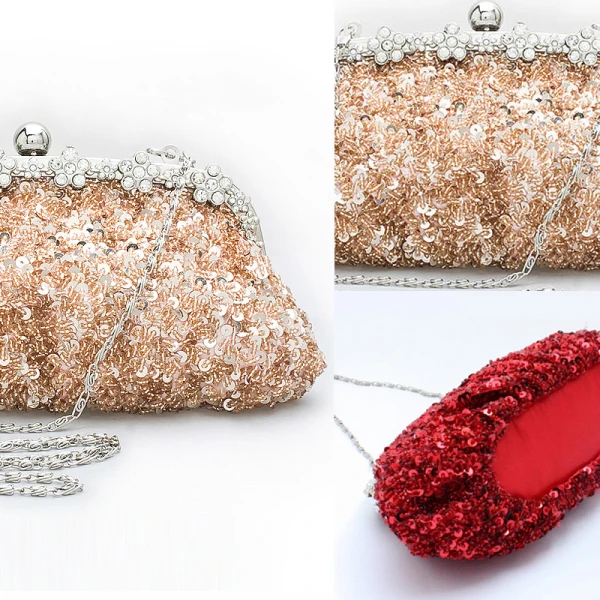 Chic / Beautiful Luxury / Gorgeous 2017 Champagne Red Silver Leaf Sequins Charmeuse Evening Party Outdoor / Garden Clutch Bags