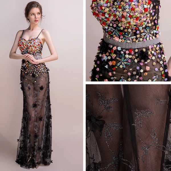 Sexy Black Floor-Length / Long Evening Dresses 2018 Trumpet / Mermaid Tulle Beading Backless Appliques Rhinestone Evening Party Formal Dresses