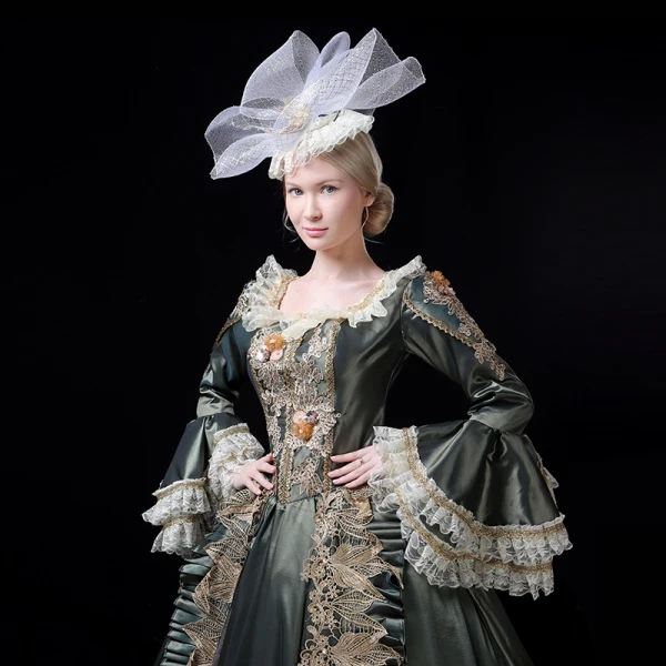 Vintage / Retro Medieval Clover Green Ball Gown Prom Dresses 2021 Long Sleeve Square Neckline Floor-Length / Long Handmade Embroidered 3D Lace Flower Lace Satin Cosplay Prom Formal Dresses