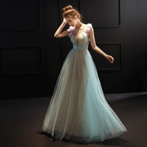 Chic Belle 2017 Vert Robe De Soirée Chiffon V Cou Appliques Dos Nu Princesse Robe De Fete