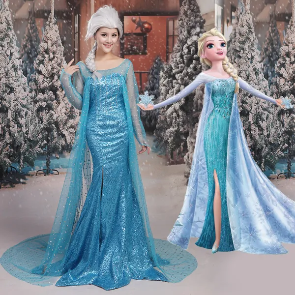 Frozen Costume Sky Blue Evening Dresses  2017 Trumpet / Mermaid U-Neck Tulle Backless Beading Sequins Evening Party Formal Dresses