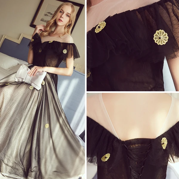 Chic / Beautiful Black Evening Dresses 2017 A-Line / Princess U-Neck Tulle Appliques Backless Evening Party Formal Dresses