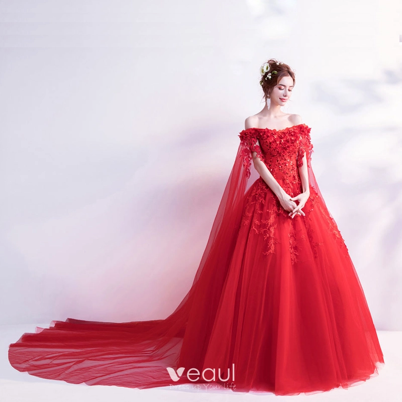 Modest Dark Red Lace Ball Gowns with Sleeves FD1217B viniodress – Viniodress