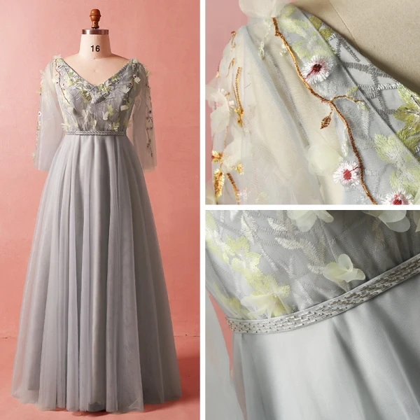 Chic / Belle Gris Grande Taille Robe De Soirée 2018 Princesse 3/4 Manches Printemps V-Cou Tulle Bretelles croisées Fleur Appliques Dos Nu Perlage Soirée Robe De Ceremonie
