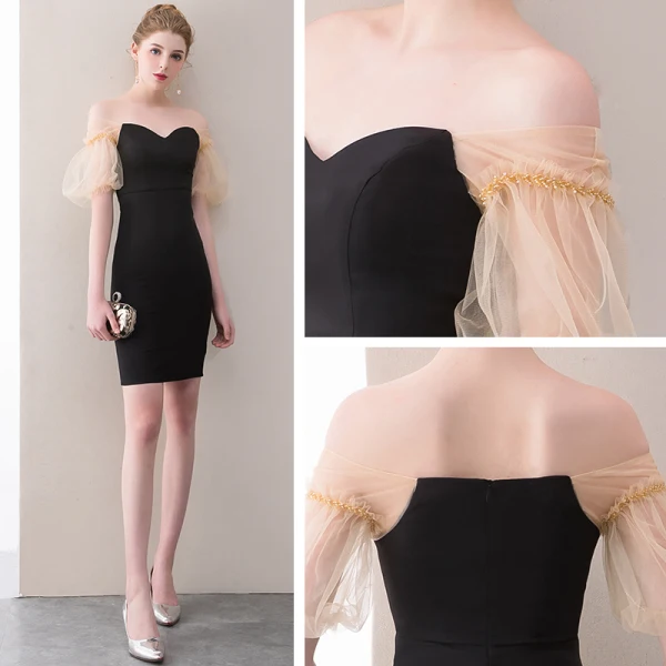 Sexy Schwarz Kurze Abiballkleider 2018 A Linie Charmeuse Bandeau Rückenfreies Perlenstickerei Heimkehr Festliche Kleider