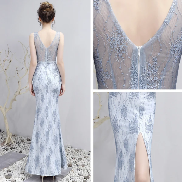Charmant Sexy Argenté Fendue devant Robe De Soirée 2020 Trompette / Sirène V-Cou Longue Appliques Dos Nu Perlage Brodé Faux Diamant Cocktail Soirée Robe De Ceremonie