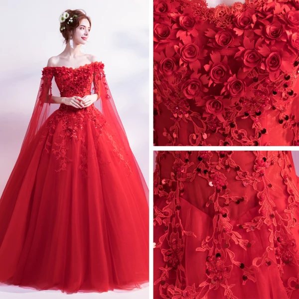 Chic / Beautiful Strapless Prom Dresses 2018 Floor-Length / Long Tulle Red Appliques Backless Beading Embroidered Ball Gown Prom Formal Dresses