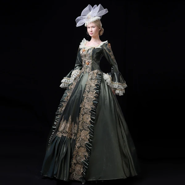 Vintage / Retro Medieval Clover Green Ball Gown Prom Dresses 2021 Long Sleeve Square Neckline Floor-Length / Long Handmade Embroidered 3D Lace Flower Lace Satin Cosplay Prom Formal Dresses