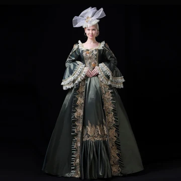 Vintage Originale Médiévale Vert Trèfle Robe Boule Robe De Bal 2021 Manches Longues Encolure Carrée Longue Fait Main Brodé Dentelle 3d Fleur Dentelle Satin Cosplay Promo Robe De Ceremonie