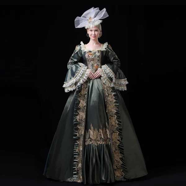 Vintage / Retro Medieval Clover Green Ball Gown Prom Dresses 2021 Long Sleeve Square Neckline Floor-Length / Long Handmade Embroidered 3D Lace Flower Lace Satin Cosplay Prom Formal Dresses