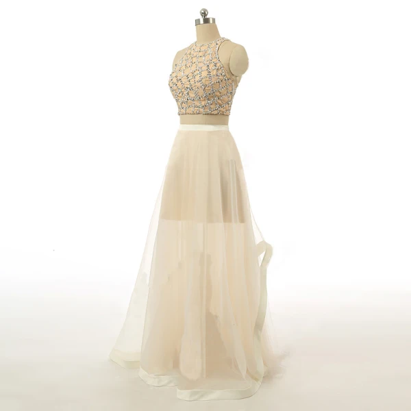 Glittrande 2 Bit Blå Balklänningar 2017 Prinsessa Urringning Ärmlös Beading Pärla Paljetter Ruffle Satin Blå Chiffong Långa Formella Klänningar