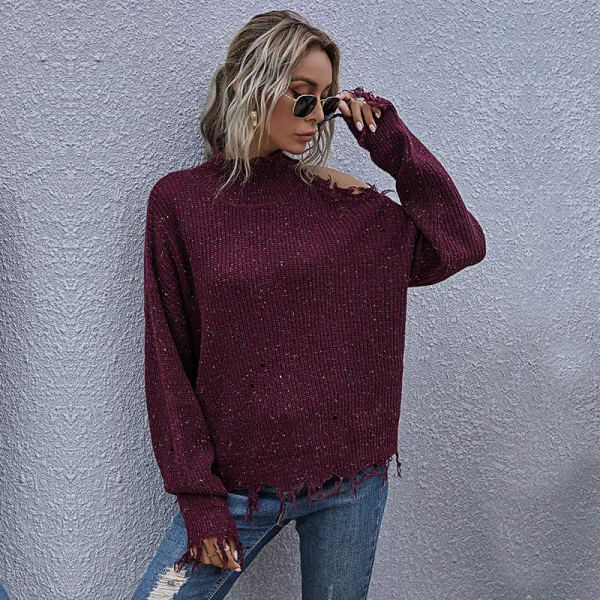 Ripped Black Knitting Women Sweaters 2021 High Neck Loose Cotton Casual Fall Winter Long Sleeve Street Wear Tops