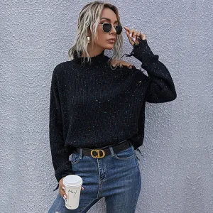 Déchirés Noire Tricot Femme Chandails 2021 Col Haut Ample Coton Désinvolte Tomber Hiver Manches Longues Vêtement De Rue Hauts