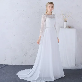 Chic Belle Plage Robe De Mariée 2017 Blanche Princesse Longue Fendue Devant Encolure Dégagée Manches Longues Dos Nu Perlage Ceinture En Dentelle Appliques Perle
