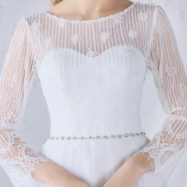 Chic / Belle Plage Robe De Mariée 2017 Blanche Princesse Longue Fendue devant Encolure Dégagée Manches Longues Dos Nu Perlage Ceinture En Dentelle Appliques Perle