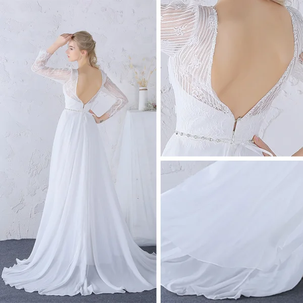 Chic / Belle Plage Robe De Mariée 2017 Blanche Princesse Longue Fendue devant Encolure Dégagée Manches Longues Dos Nu Perlage Ceinture En Dentelle Appliques Perle