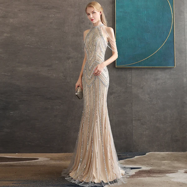 High-end Gold Evening Dresses  2020 Trumpet / Mermaid Scoop Neck Sleeveless Beading Floor-Length / Long Formal Dresses