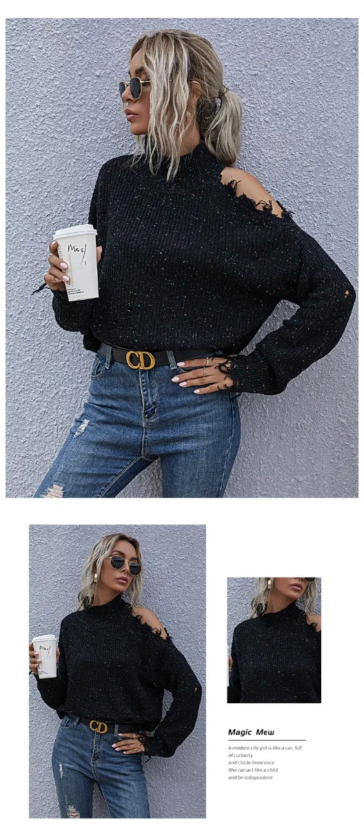 Ripped Black Knitting Women Sweaters 2021 High Neck Loose Cotton Casual Fall Winter Long Sleeve Street Wear Tops
