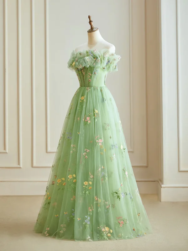 Flower Fairy Floral Sage Green Prom Dresses 2024 Ruffle Lace Floor-Length / Long Crossed Straps Off- Flower Fairy Floral Sage Green Prom Dresses 2024 Ruffle Lace Floor-Length / Long Crossed Straps Off-