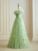 Flower Fairy Floral Sage Green Prom Dresses 2024 Ruffle Lace Floor-Length / Long Crossed Straps Off-The-Shoulder Homecoming A-Line / Princess Formal Dresses